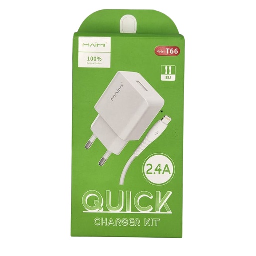 [STO:KIT -05934] KIT CHARGEUR T66 IOS 2.4A QC AVEC CABLE BLANC IOS